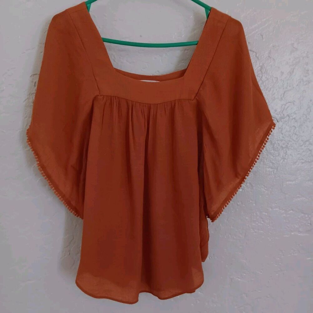 Womens Blouse Sz M Pumpkin Color Square Neck Butterfly Sleeve Flowy Peasant Boho